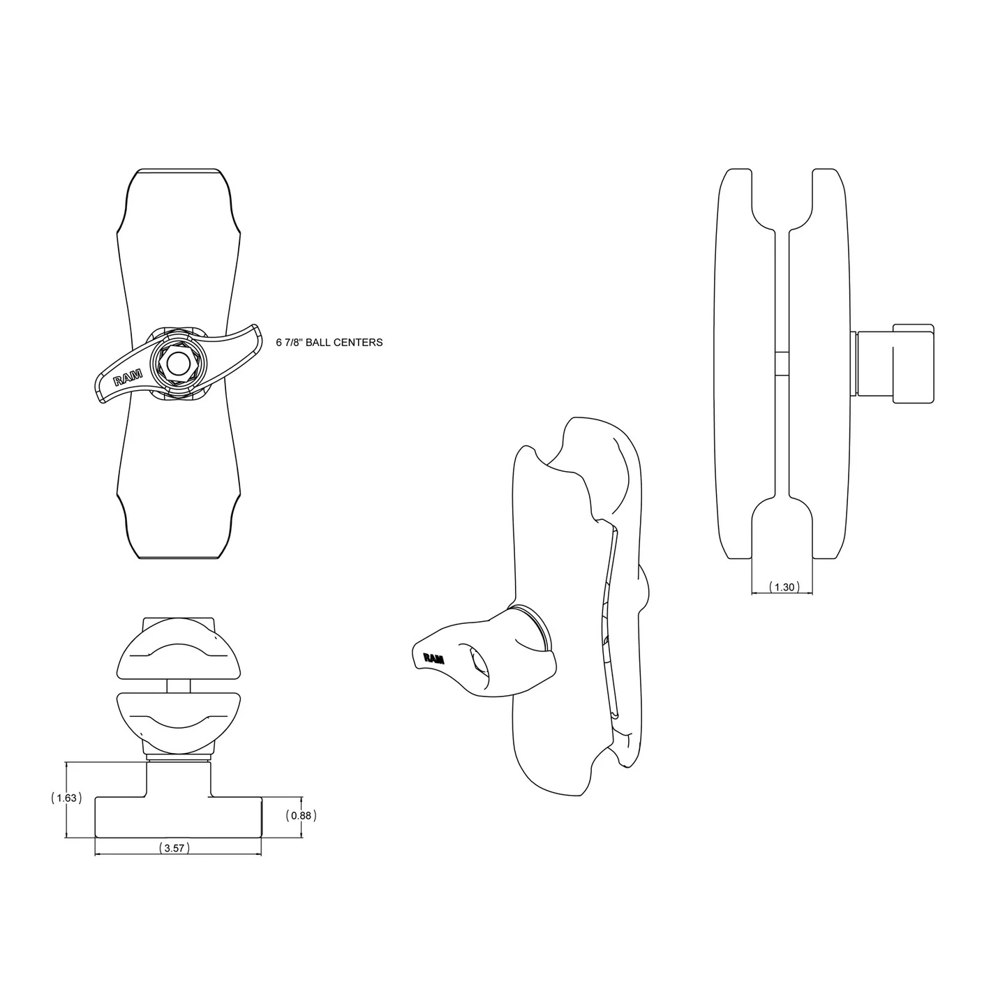RAM-D-101U-MI1-2461 Double Ball Mount mit VESA-Platte 75x75, Kontermutter und Round Base 4