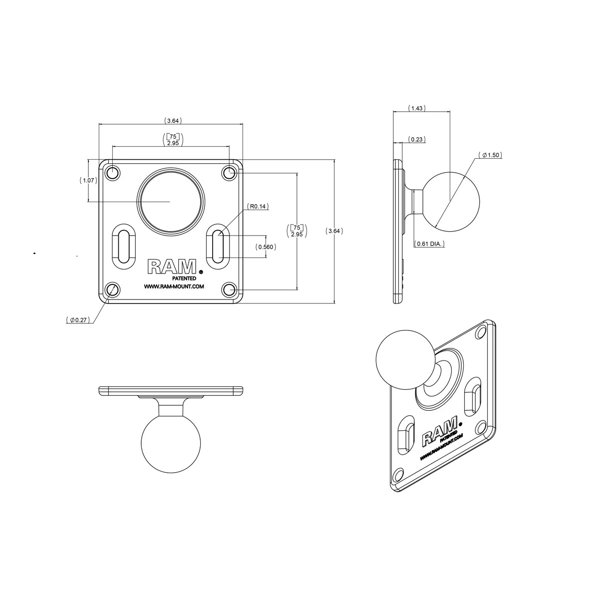 RAM-334U Doppelbügelschellenhalterset 1"-1,25", C-Arm + VESA-Platte 75x75 - aus Aluminium 5