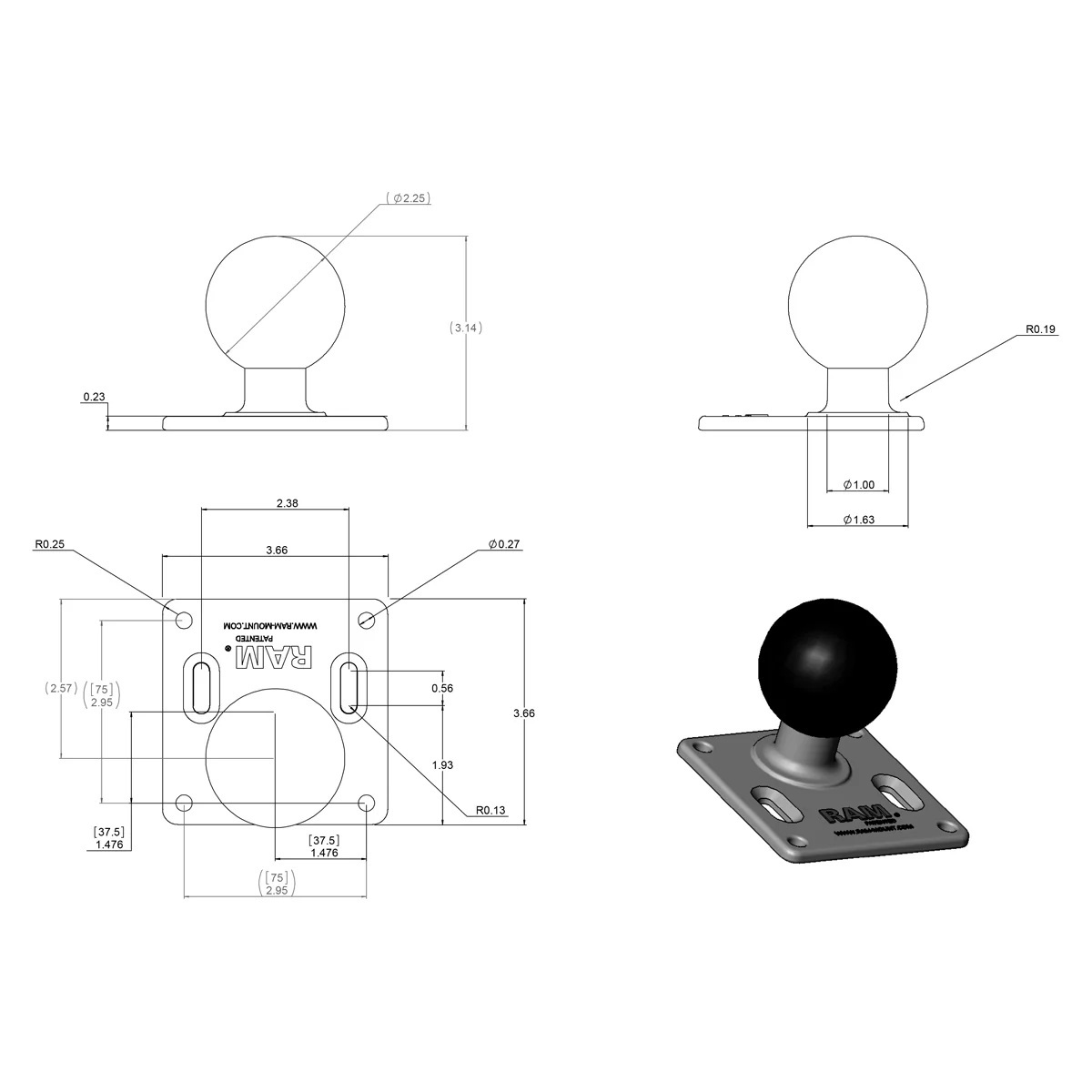 RAM-D-101U-MI1-2461 Double Ball Mount mit VESA-Platte 75x75, Kontermutter und Round Base 7