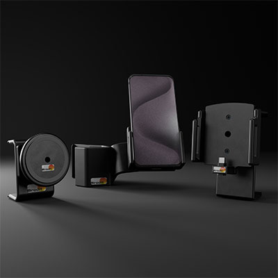 Ein Arrangement aus verschiedenen Brodit Halterungen mit einem Samsung Galaxy S24.